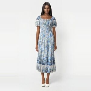 BY THE RIVER Floral Dress Puff Sleeve Midi Smocked Peasant Boho Cottagecore NWOT